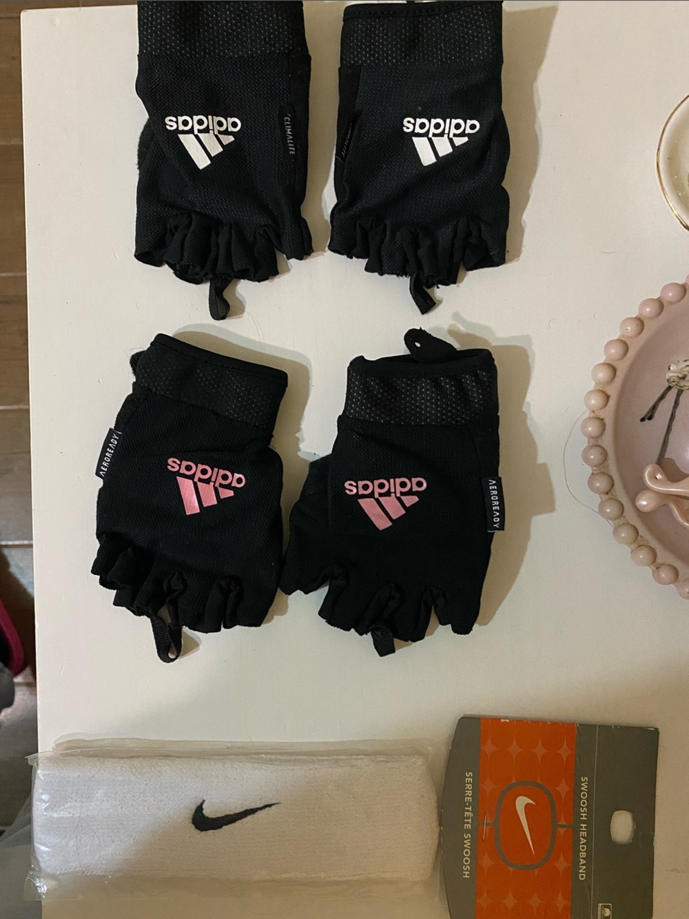 Bundle of 2 Adidas Black and Pink sport Mittens & Nike white Headband